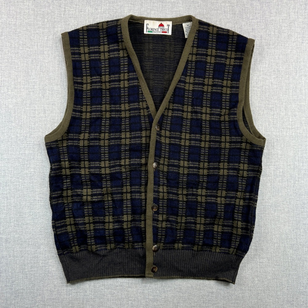 VTG 90s Florence Tricot Plaid‎ Knit Sweater Vest Men M Blue Green Academia Ivy